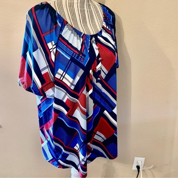 Notations Tunic Top 1X Red White Blue Short Sleeves Buttons Stretchy Boat Neck - Picture 5 of 15